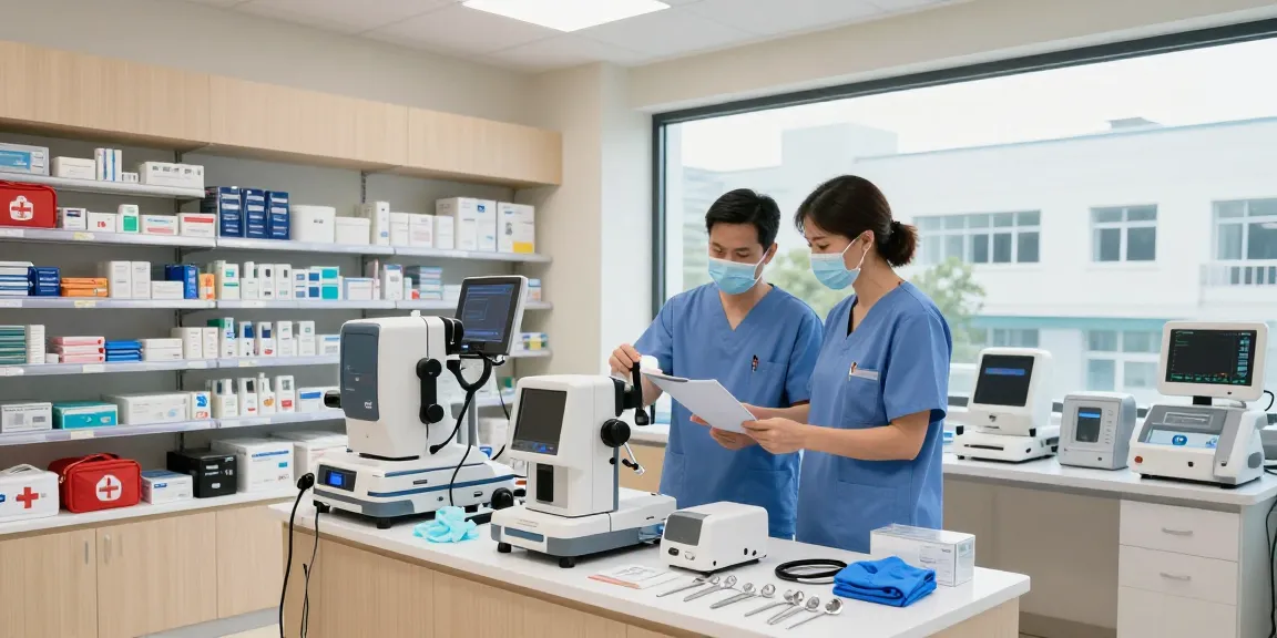 Fournisseur médical examining high-quality medical devices in a healthcare supply store.