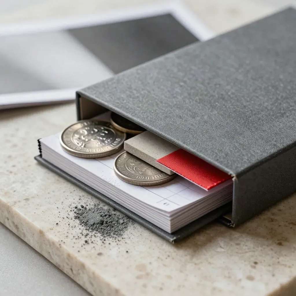 Graphite investor brief box open on travertine with ledger inserts, coin discs and concrete sample.