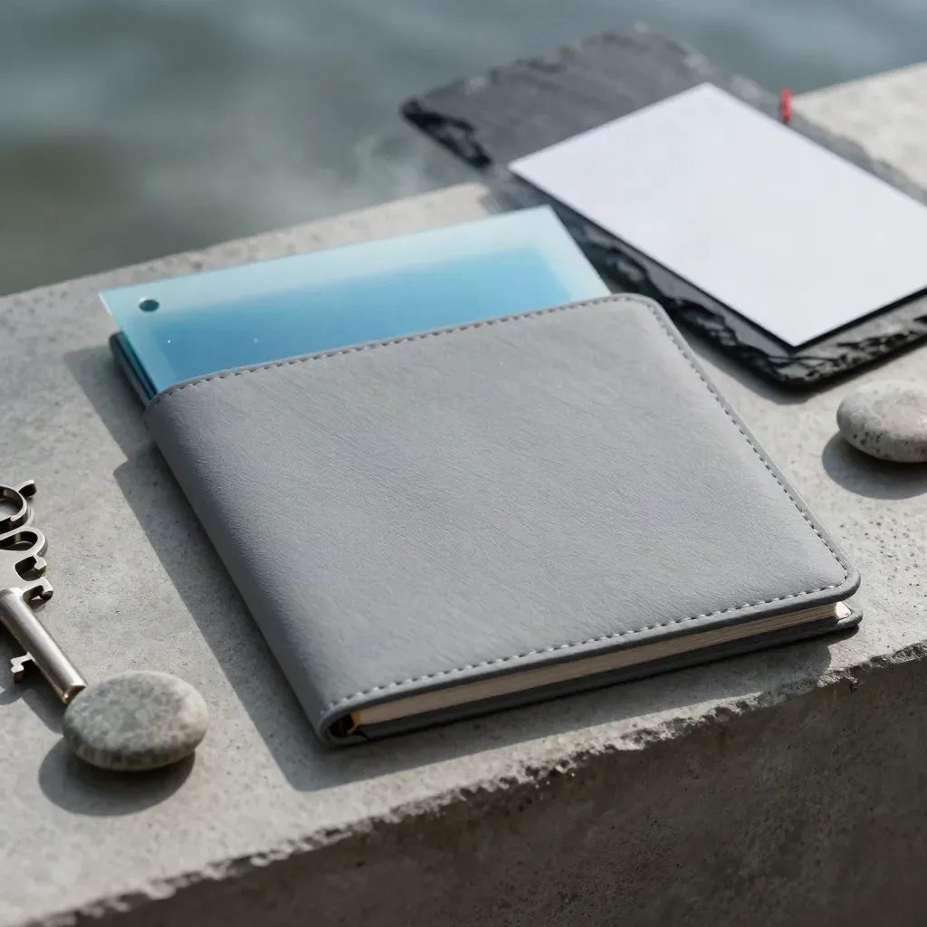 Cool grey resale tracker folio with lifting acetate, stone weight, and a tiny red accent in sea mist.